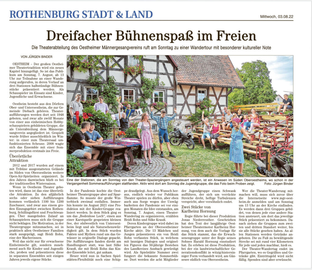 Zeitungsartikel über den Wandertheatertag aus der Fränkischen Landeszeitung vom 3. August 2022